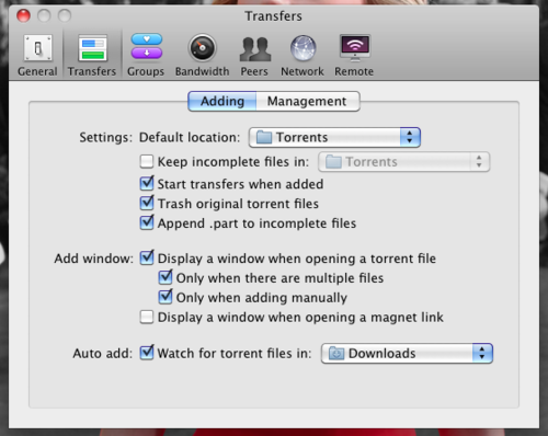 How my transfers are set up in Transmission.