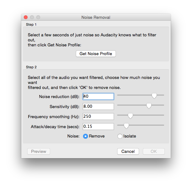 My Noise Removal settings dialog.
