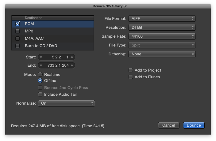My settings for bouncing from Logic Pro X
