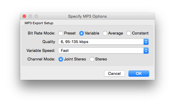 My settings for exporting as MP3 from Audacity