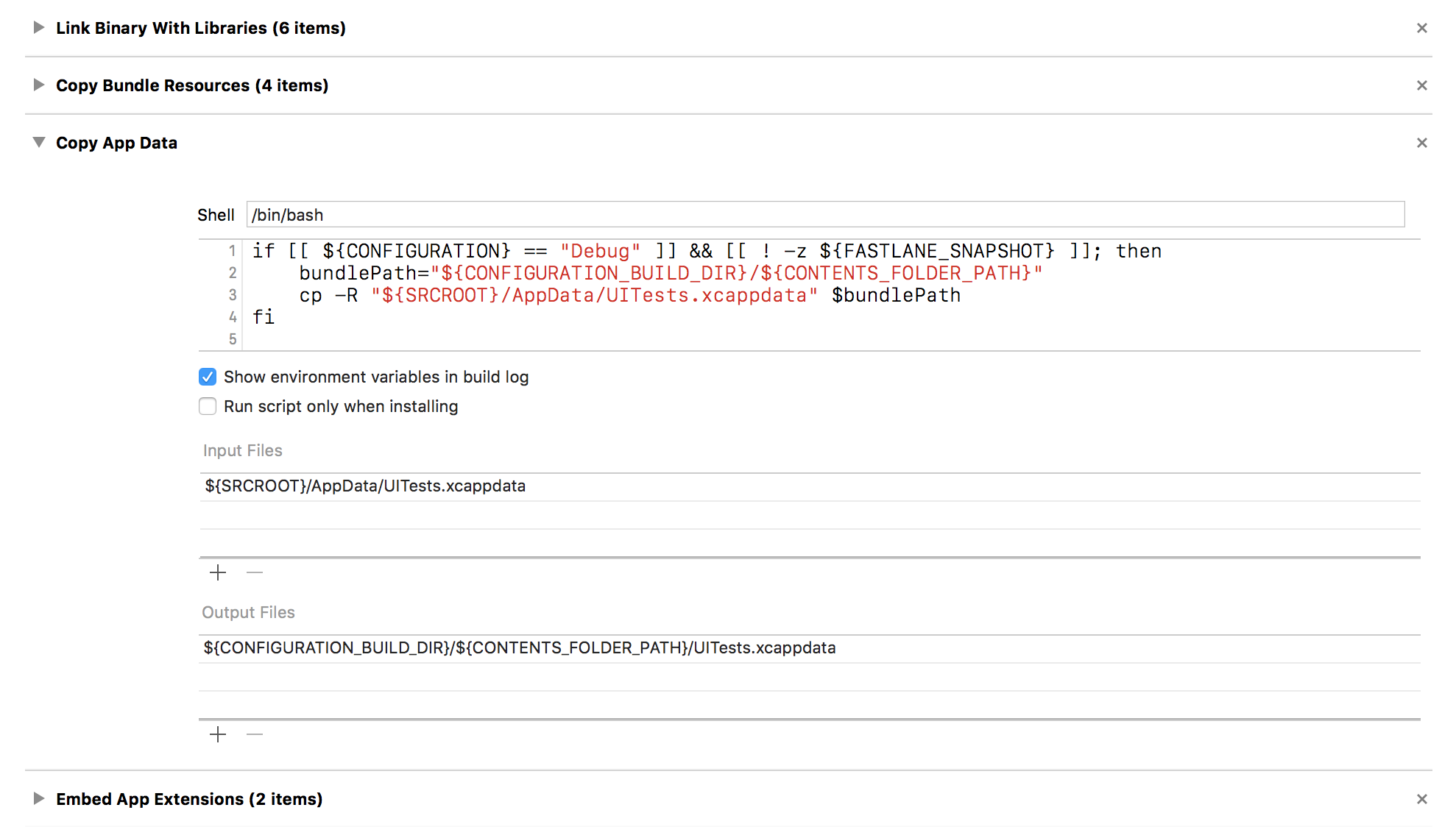 Run script build phase from Xcode, showing the script configured to copy UITests.xcappdata into the app bundle.