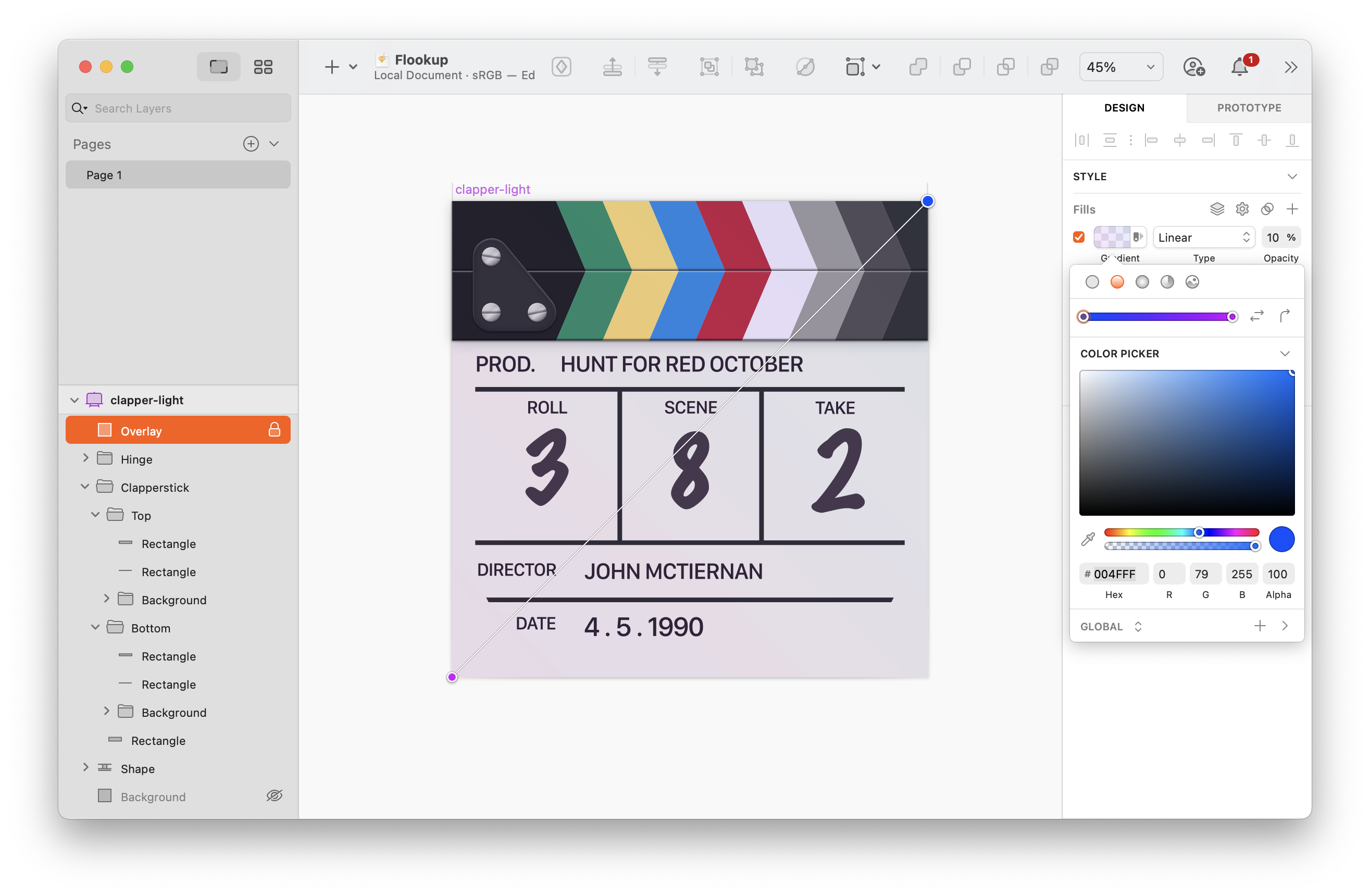 The gradient from Casey's original version lives on. A screenshot of Sketch with the icon's slate in the work area. The "Overlay" layer is selected, and the gradient is being edited, showing the path it takes from purple in the bottom left to blue in the top right.