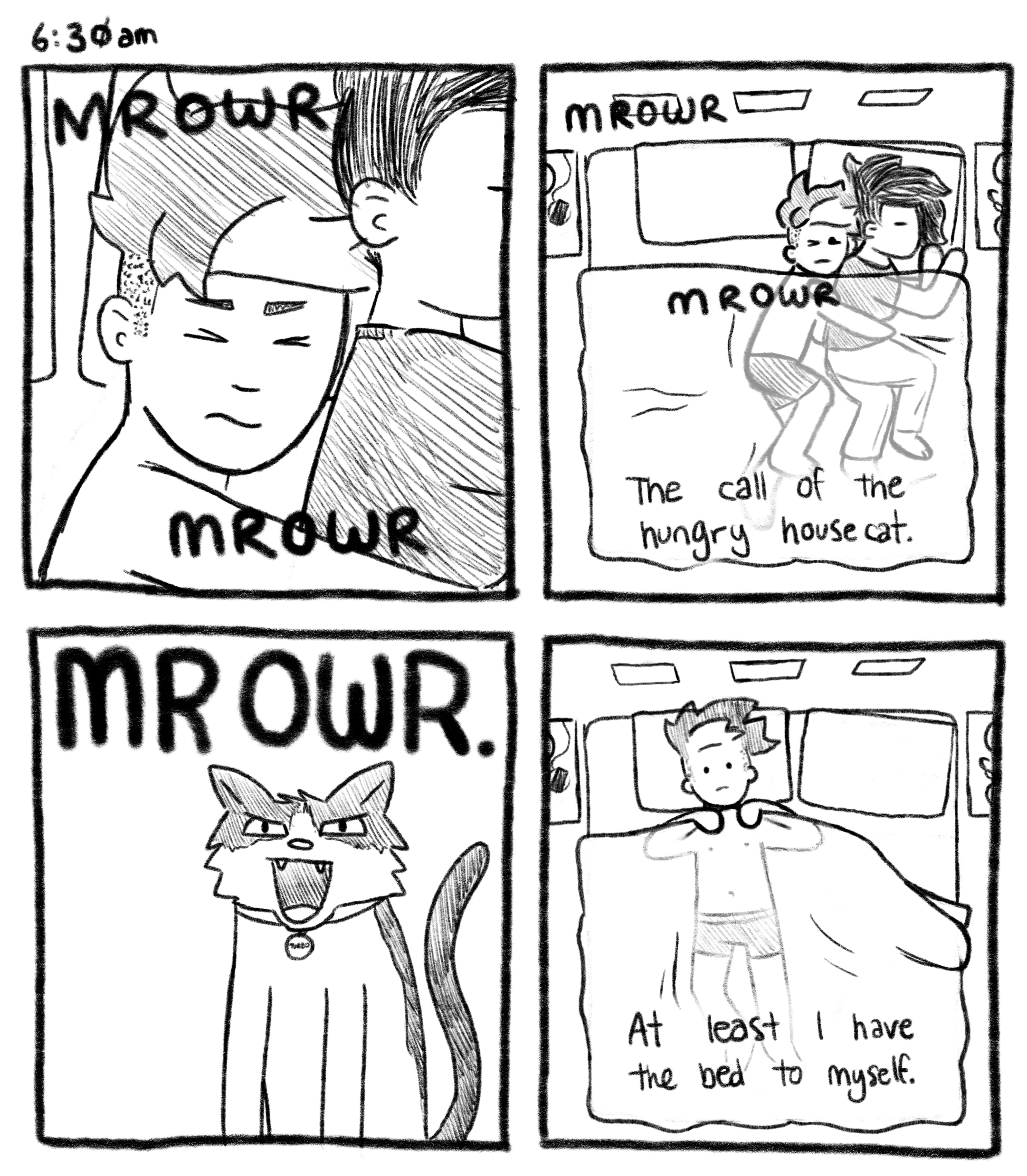6:30am; Panel 1: Close up of Jelly, just waking up. Turbo V.O.: MROWR. MROWR. Panel 2: Jelly has rolled all the way over into Mel's side of the bed for cuddles. Turbo V.O.: MROWR. MROWR. Jelly V.O.: The call of the hungry house cat. Panel 3: A very angry cat (Turbo). Turbo: MROWR. Panel 4: Mel has left the bed, and Jelly is now laying on his back in the centre. Jelly V.O.: At least I have the bed to myself.