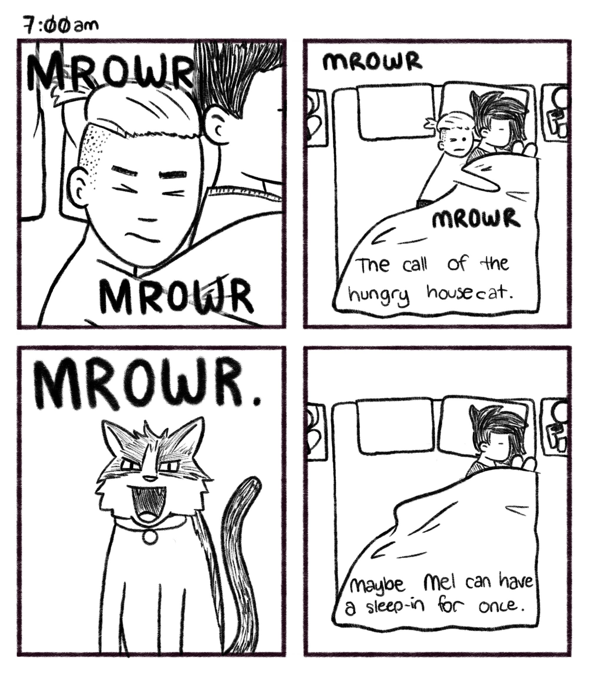 7:00am; Panel 1: Close up of Jelly, just waking up. Turbo V.O.: MROWR. MROWR. Panel 2: Jelly has rolled all the way over into Mel's side of the bed for cuddles. Turbo V.O.: MROWR. MROWR. Jelly V.O.: The call of the hungry house cat. Panel 3: A very angry cat (Turbo). Turbo: MROWR. Panel 4: Mel has left the bed, and Jelly is now laying on his back in the centre. Jelly V.O.: Maybe Mel can have a sleep-in for once.