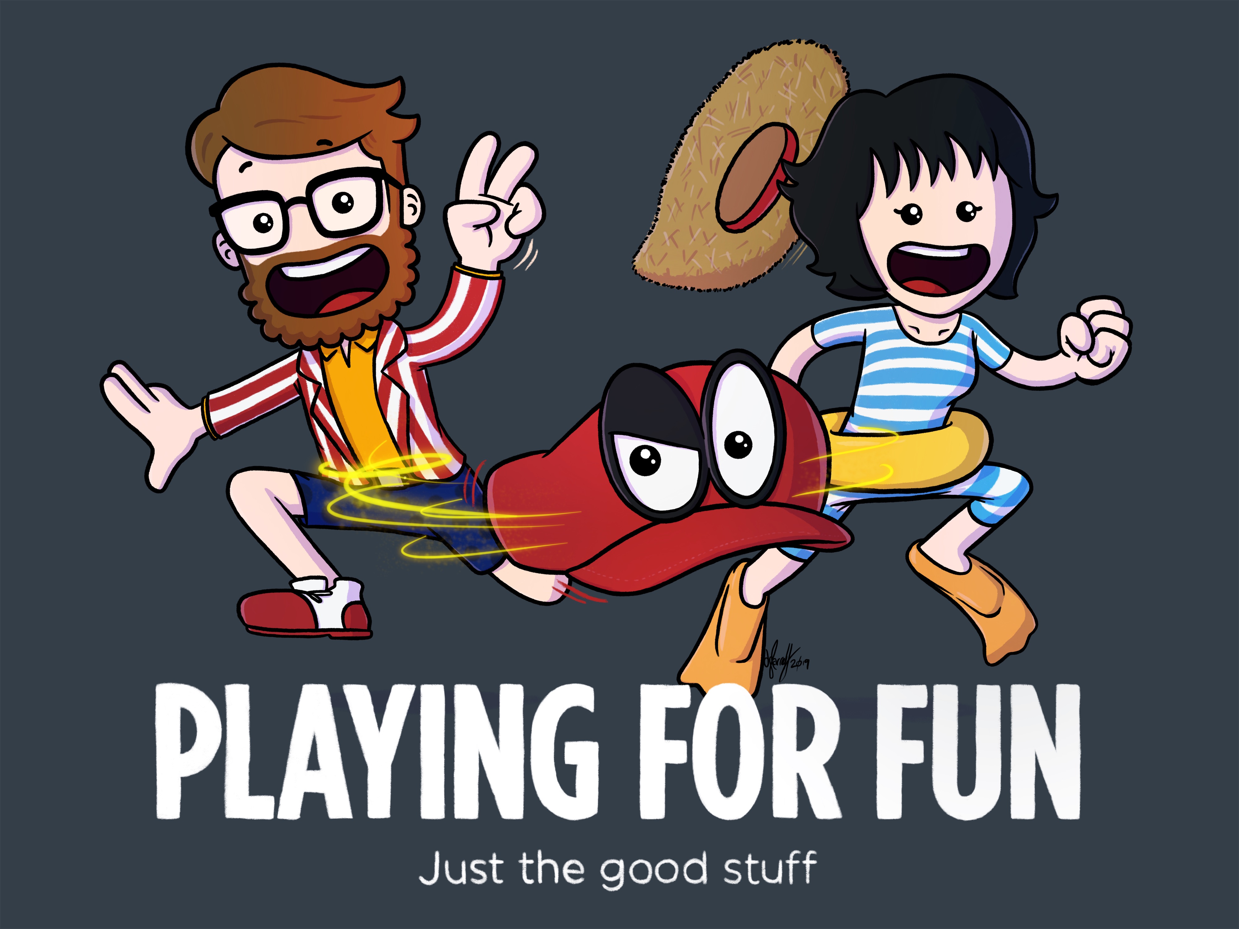 Playing for Cappy A cartoon illustration featuring two characters dressed in outfits from Super Mario Odyssey. The characters are jumping with enthusiasm, accompanied by Cappy, the iconic hat with eyes. The tagline reads 'Playing for Fun – Just the good stuff.'