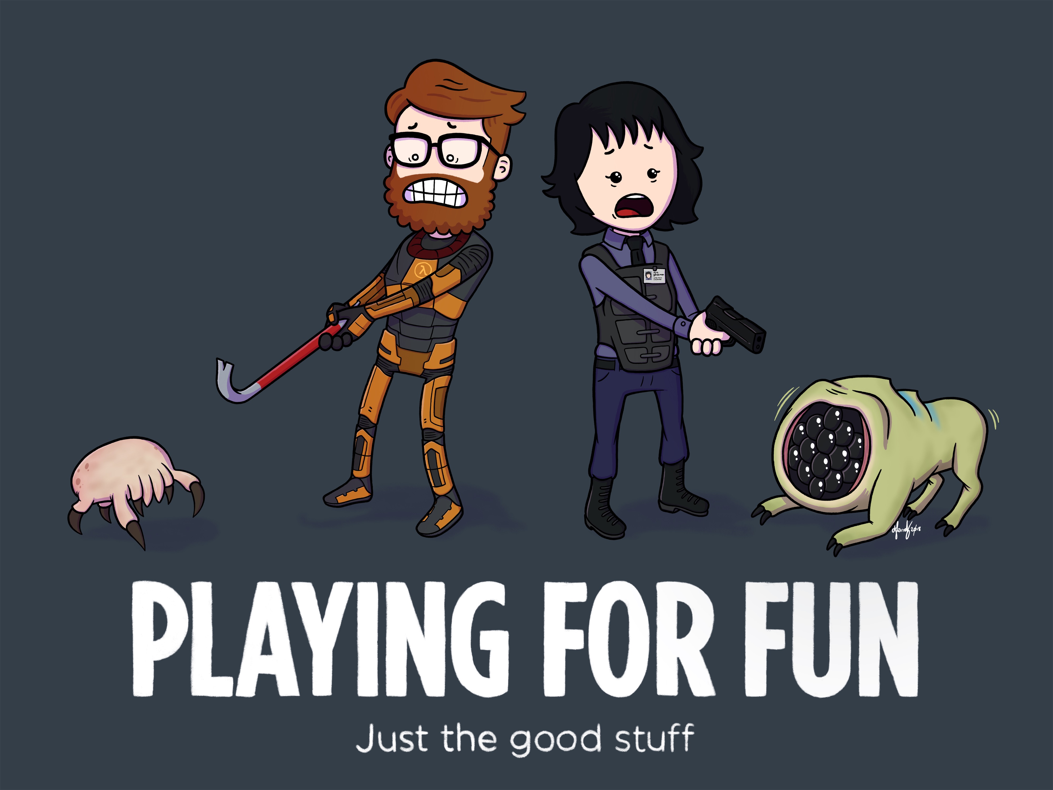 Playing for Crowbar A cartoon depiction of two characters in a Half-Life-inspired scene. One character wields a crowbar, visibly startled by a headcrab, while the other is holding a pistol, ready to face off against a houndeye. The tagline reads 'Playing for Fun – Just the good stuff.'