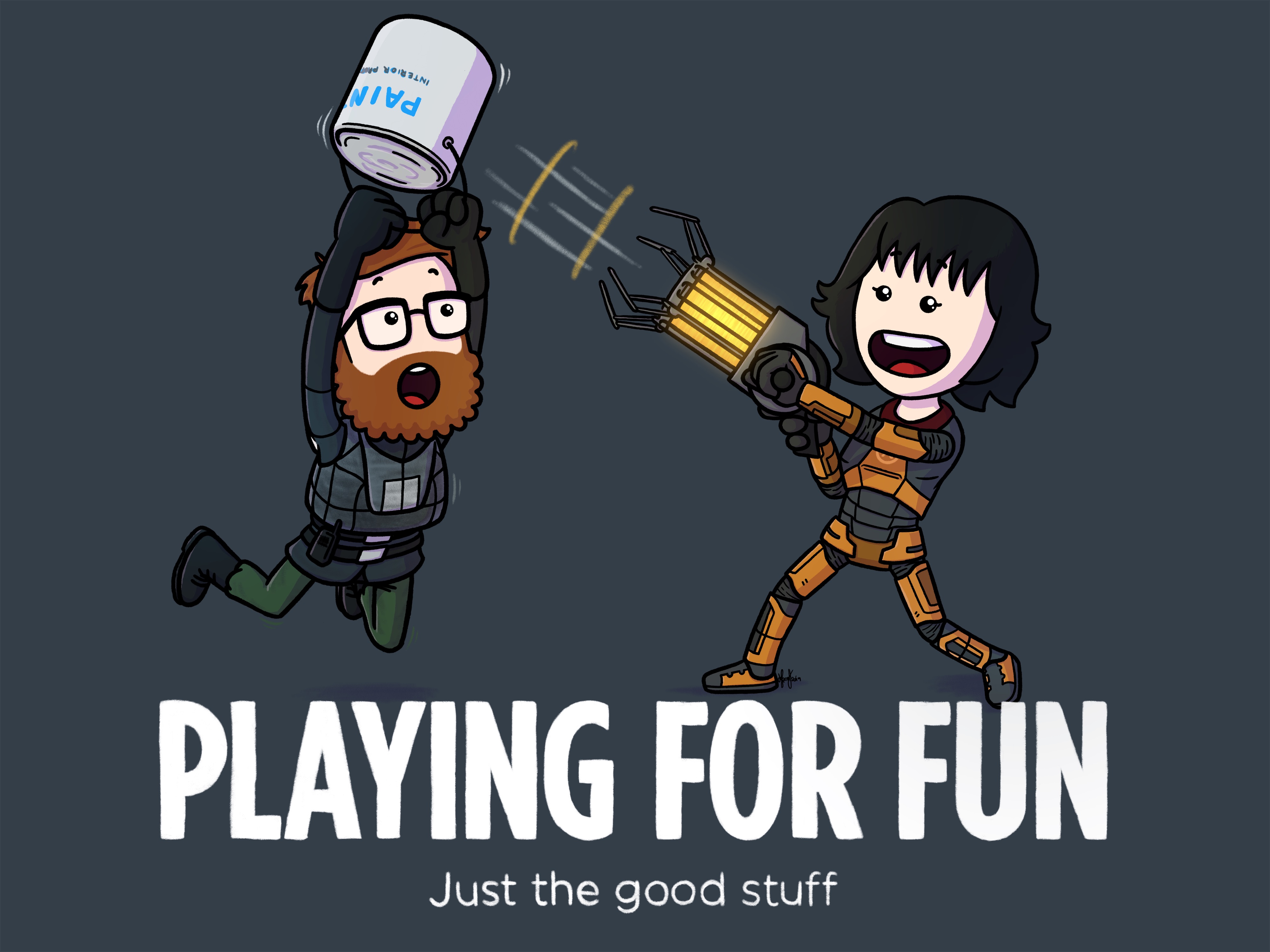 Playing for Gravity Gun A fun cartoon scene inspired by Half-Life 2. One character flies into the air while holding a paint can, and the other gleefully wields a gravity gun. The environment suggests chaos and teamwork. The tagline reads 'Playing for Fun – Just the good stuff.'