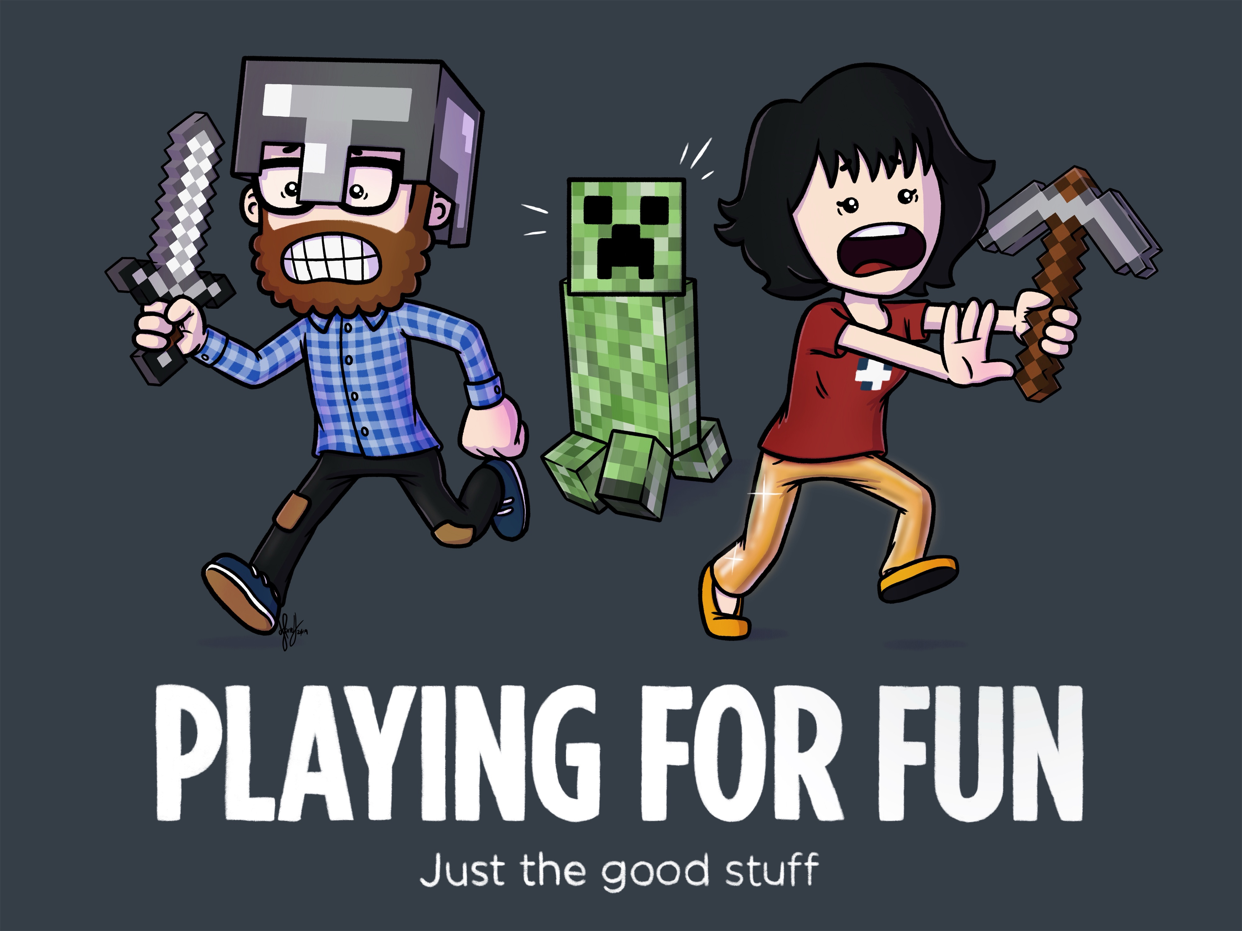 Playing for Resources A Minecraft-inspired scene where two characters flee from a Creeper. One character wields a sword while wearing blocky armor, and the other holds a pickaxe, both looking terrified. The tagline reads 'Playing for Fun – Just the good stuff.'