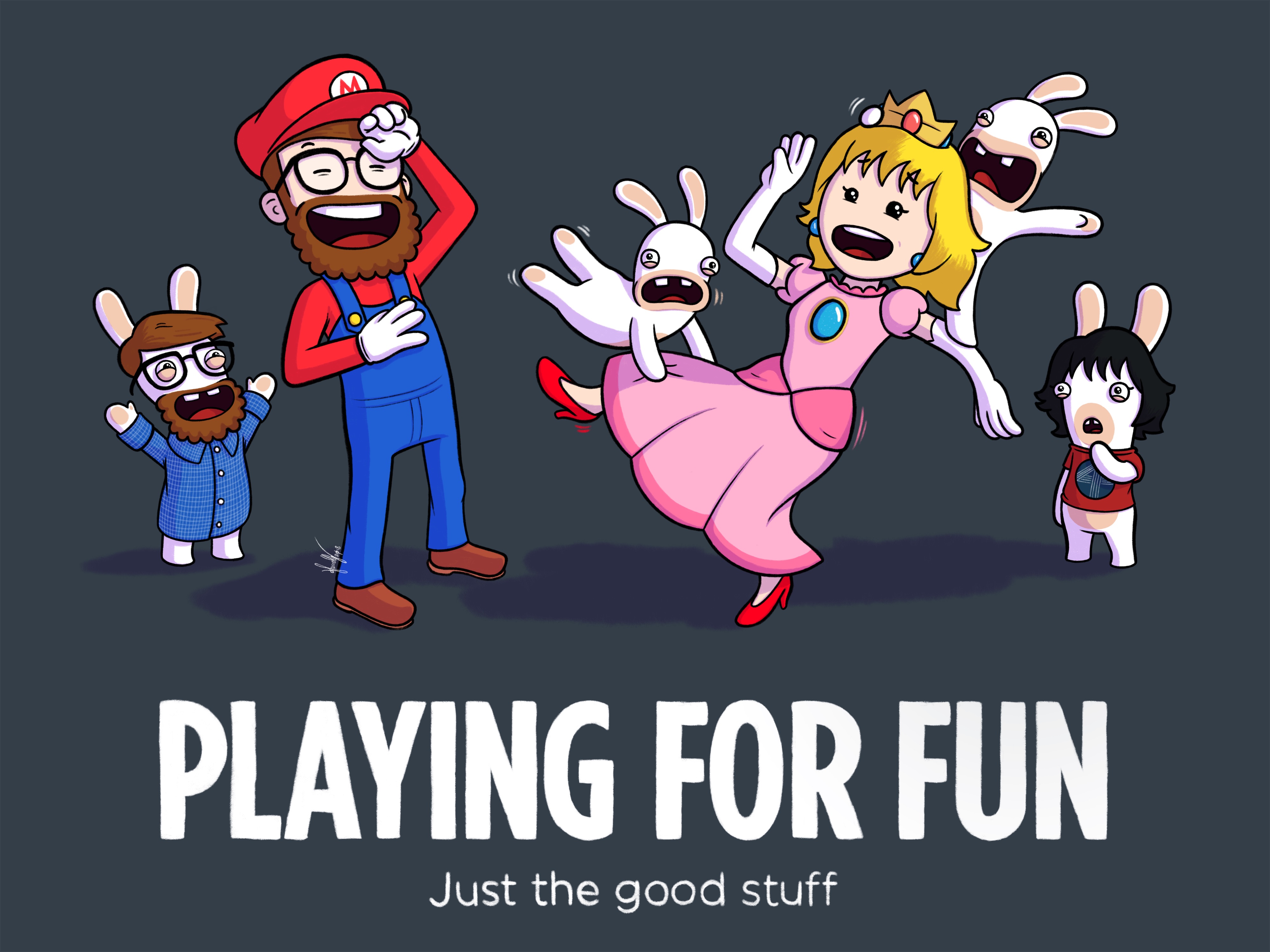 Playing for Spawny A humorous cartoon featuring characters dressed as Mario and Rabbids. A bearded character, dressed as Mario, laughs while wiping his forehead, and the other, dressed as Princess Peach, looks overwhelmed by Rabbids that are climbing on her. The tagline reads 'Playing for Fun – Just the good stuff.'