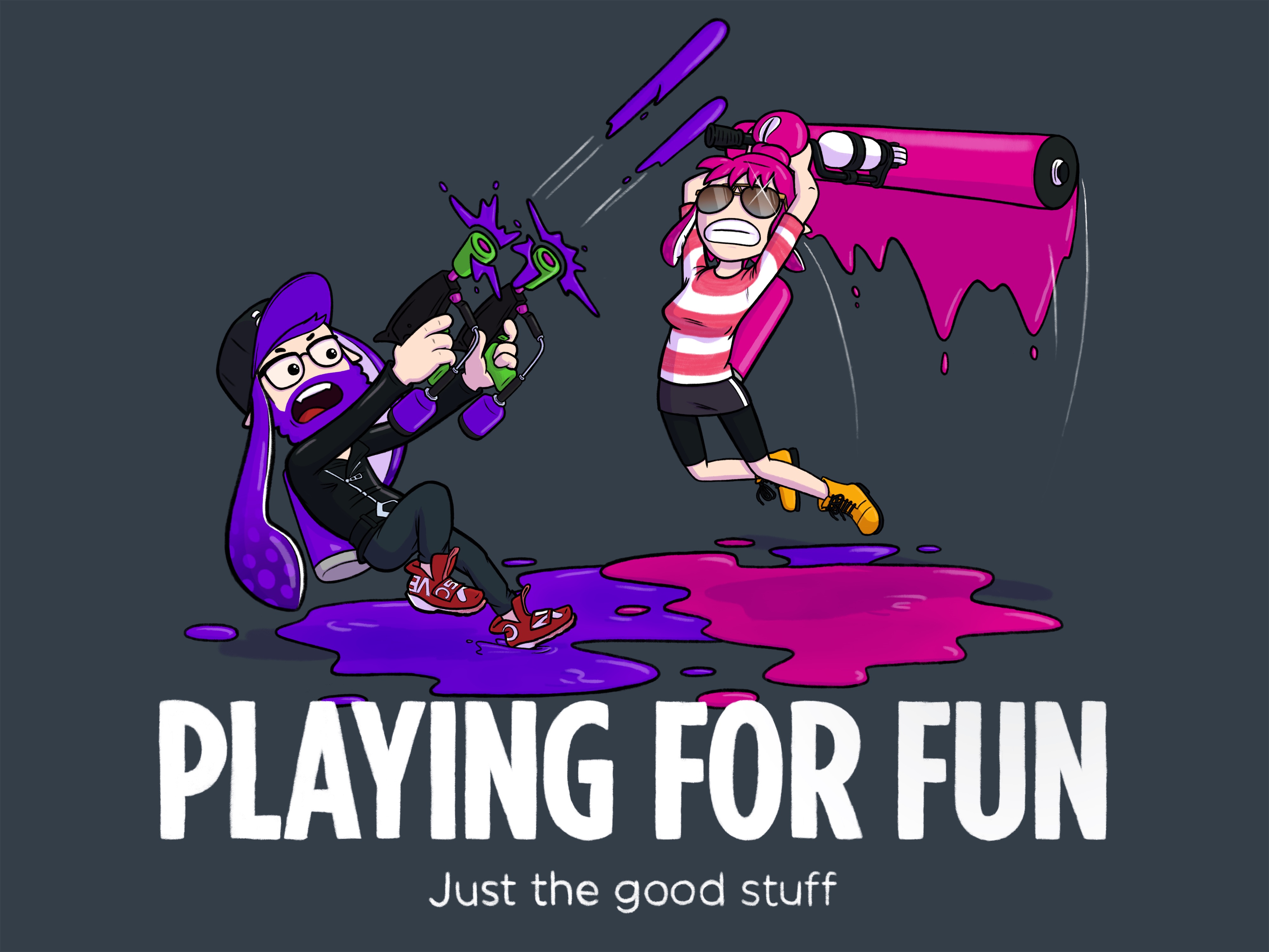 Playing for Turf A vibrant Splatoon-inspired illustration. One character shoots purple ink while the other leaps through the air with a giant paint roller dripping with pink ink. The floor is covered in colorful splatters, showing a playful battle. The tagline reads 'Playing for Fun – Just the good stuff.'